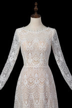 Glamorous White Long Sleeve Lace Wedding Dress with Removable Chiffon Overlay SW714