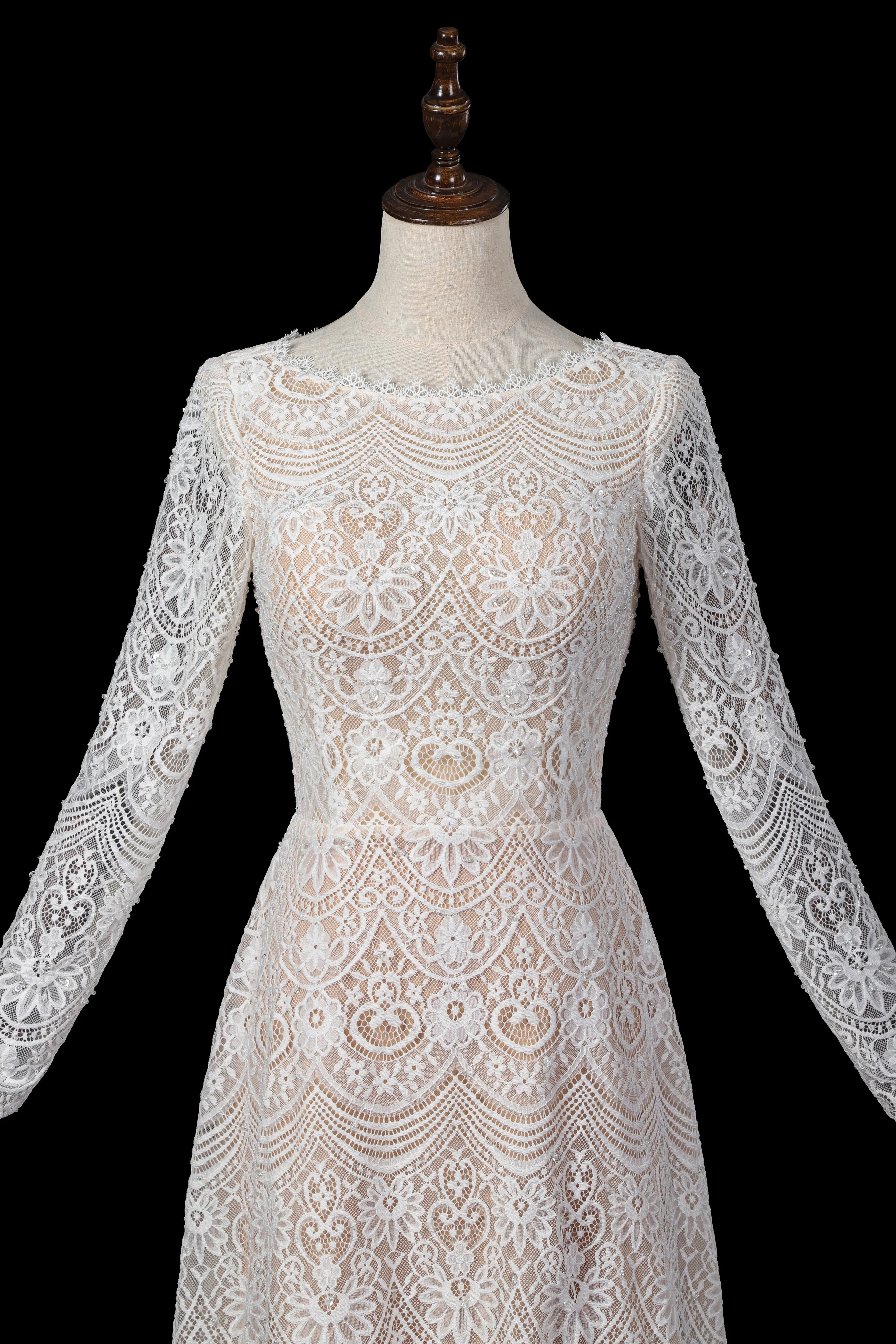 Glamorous White Long Sleeve Lace Wedding Dress with Removable Chiffon Overlay SW714