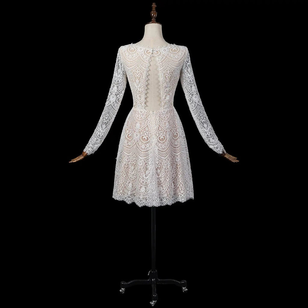 Glamorous White Long Sleeve Lace Wedding Dress with Removable Chiffon Overlay SW714