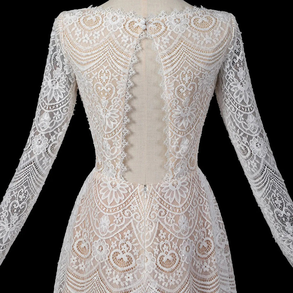 Glamorous White Long Sleeve Lace Wedding Dress with Removable Chiffon Overlay SW714