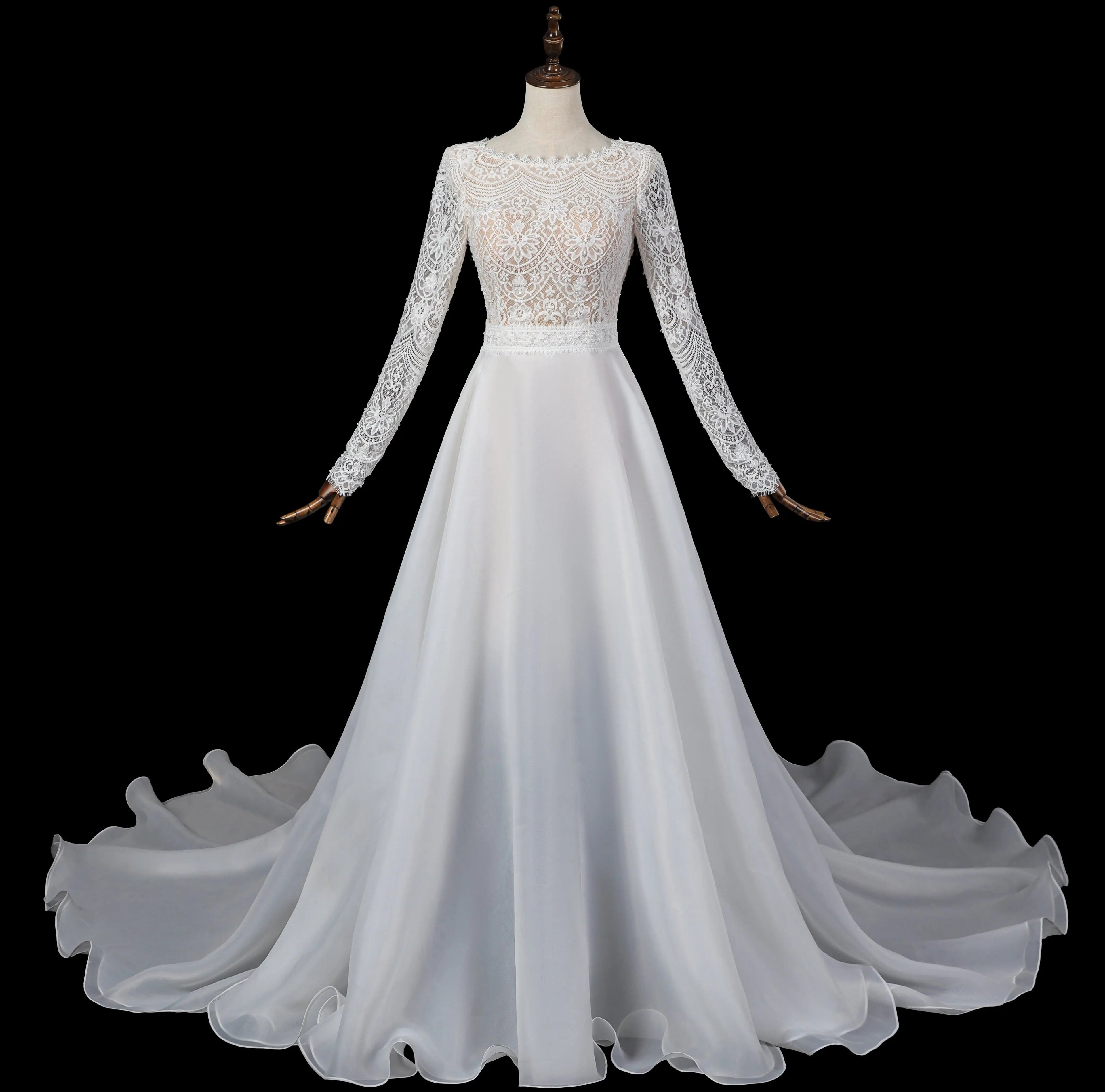 Glamorous White Long Sleeve Lace Wedding Dress with Removable Chiffon Overlay SW714