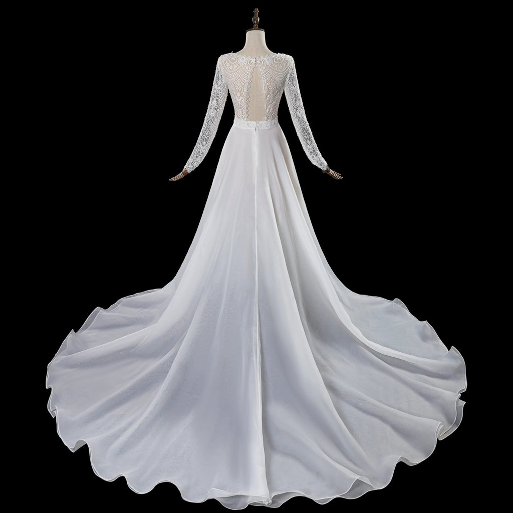 Glamorous White Long Sleeve Lace Wedding Dress with Removable Chiffon Overlay SW714