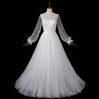 Elegant White Long Sheer Sleeve A-Line Tulle Wedding Dress with Lace Appliqués SW713