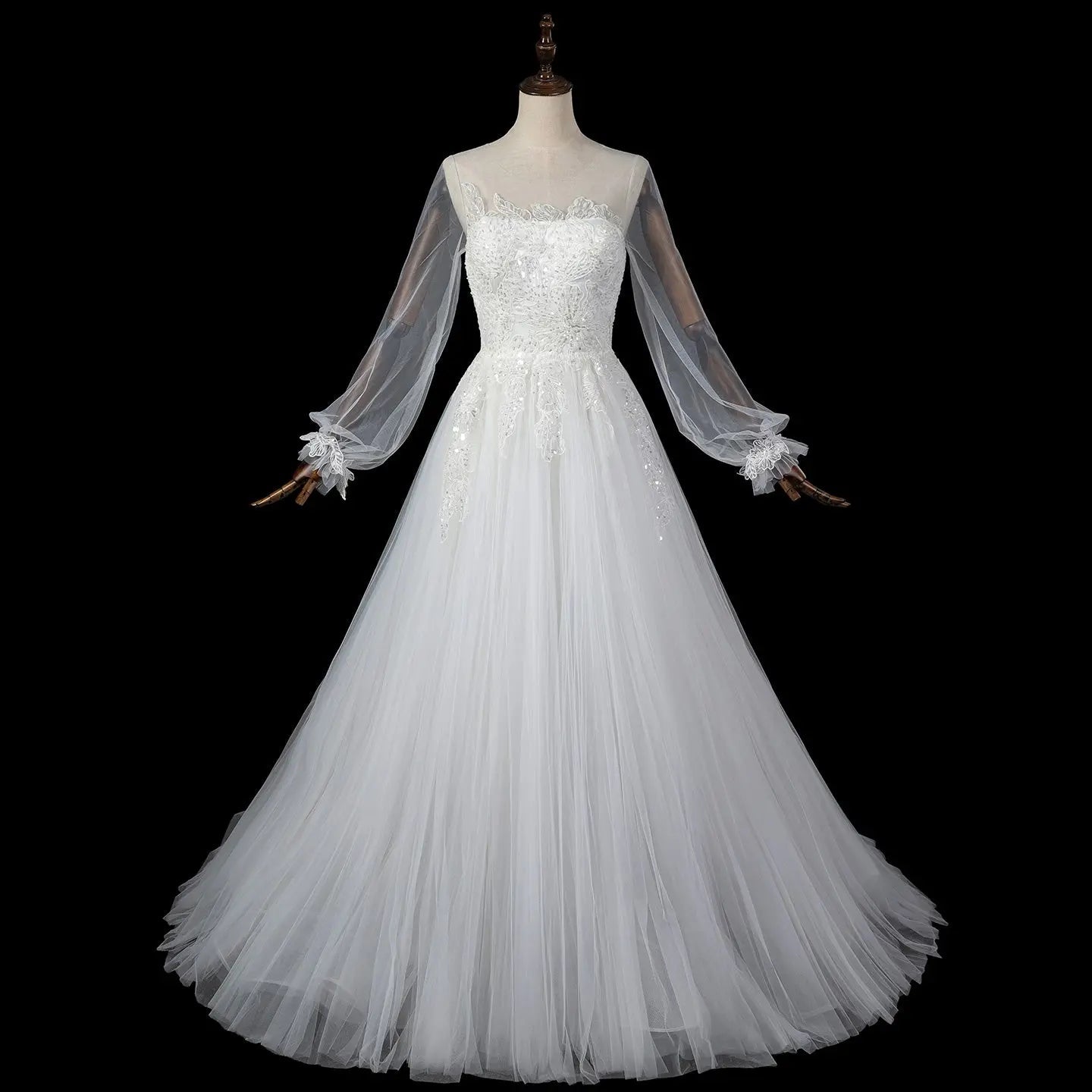 Elegant White Long Sheer Sleeve A-Line Tulle Wedding Dress with Lace Appliqués SW713
