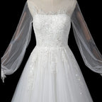 Elegant White Long Sheer Sleeve A-Line Tulle Wedding Dress with Lace Appliqués SW713