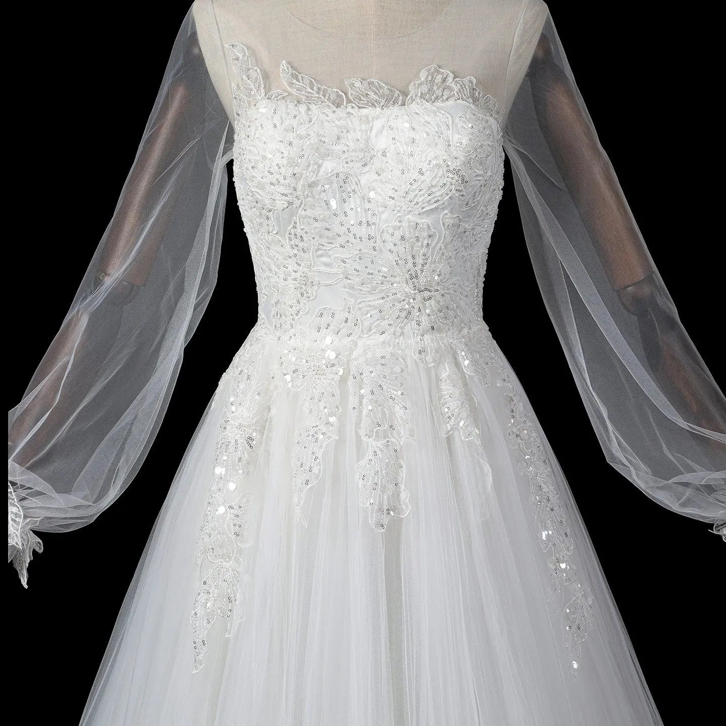 Elegant White Long Sheer Sleeve A-Line Tulle Wedding Dress with Lace Appliqués SW713