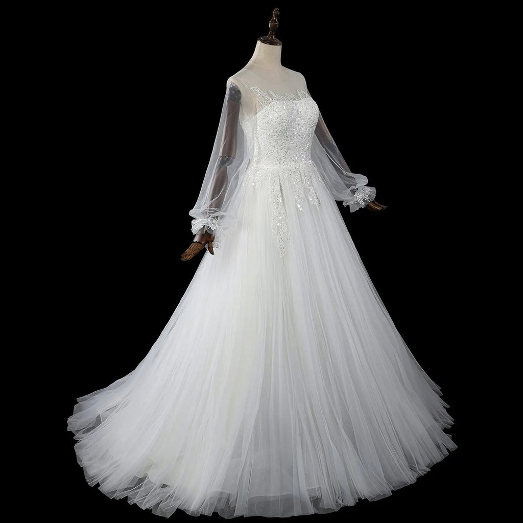 Elegant White Long Sheer Sleeve A-Line Tulle Wedding Dress with Lace Appliqués SW713