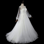 Elegant White Long Sheer Sleeve A-Line Tulle Wedding Dress with Lace Appliqués SW713