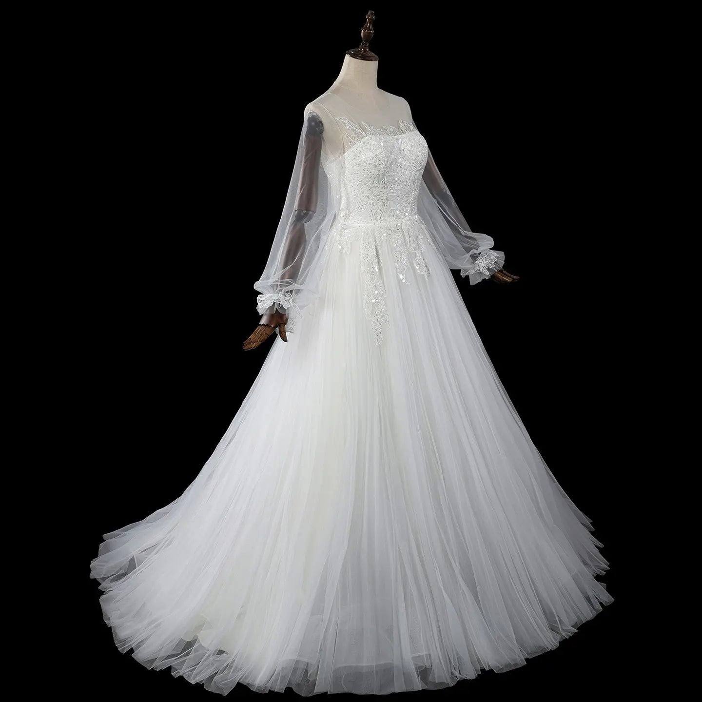 Elegant White Long Sheer Sleeve A-Line Tulle Wedding Dress with Lace Appliqués SW713