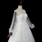 Elegant White Long Sheer Sleeve A-Line Tulle Wedding Dress with Lace Appliqués SW713