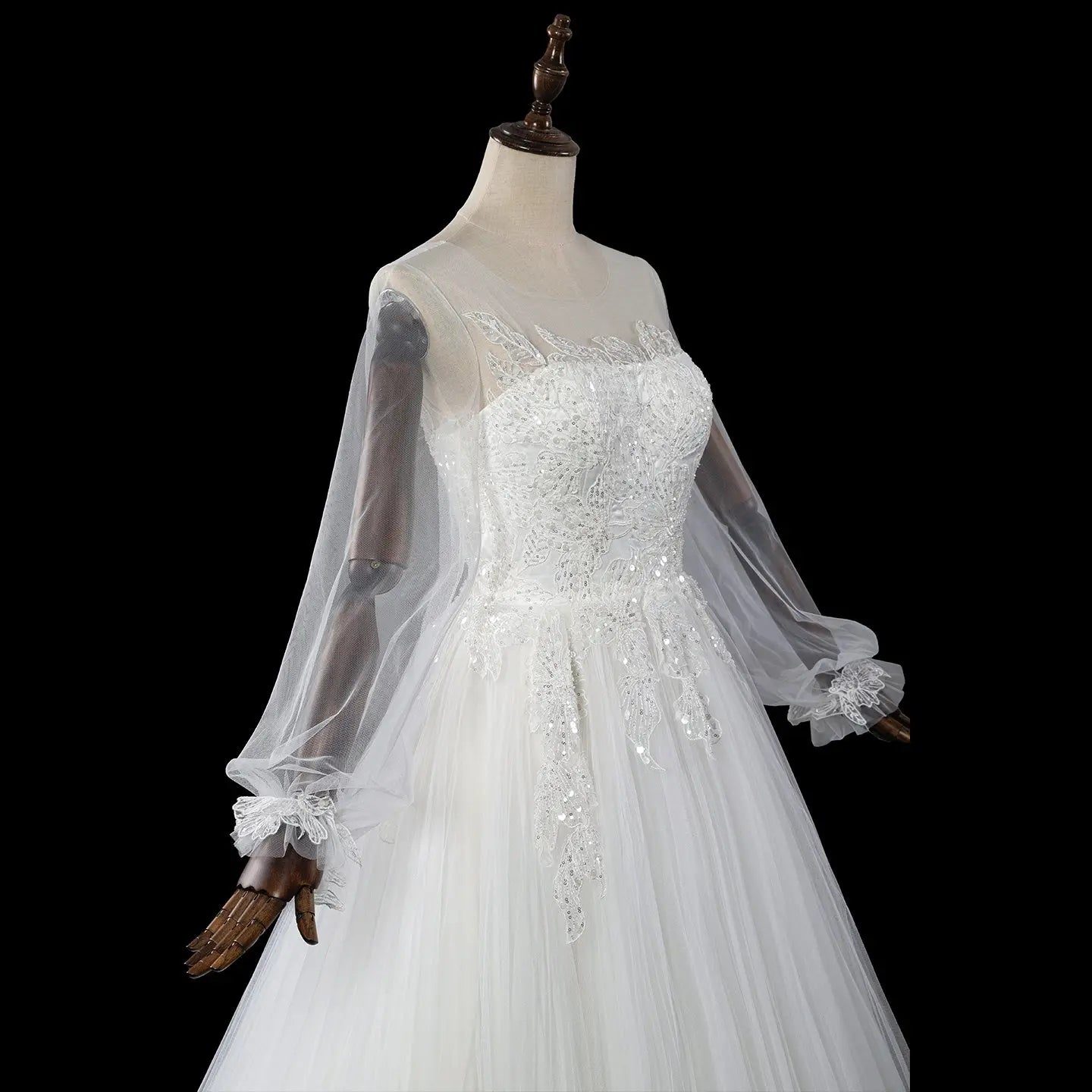 Elegant White Long Sheer Sleeve A-Line Tulle Wedding Dress with Lace Appliqués SW713