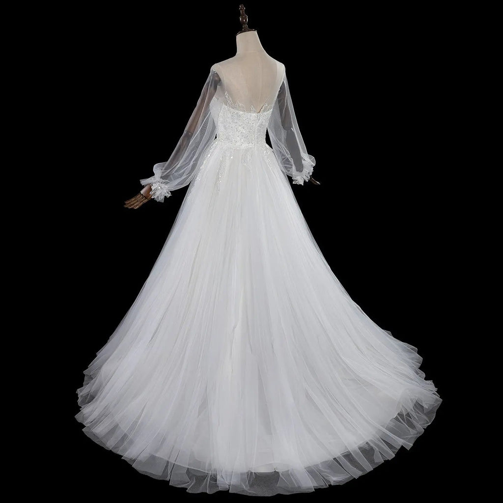 Elegant White Long Sheer Sleeve A-Line Tulle Wedding Dress with Lace Appliqués SW713