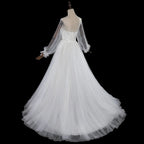 Elegant White Long Sheer Sleeve A-Line Tulle Wedding Dress with Lace Appliqués SW713