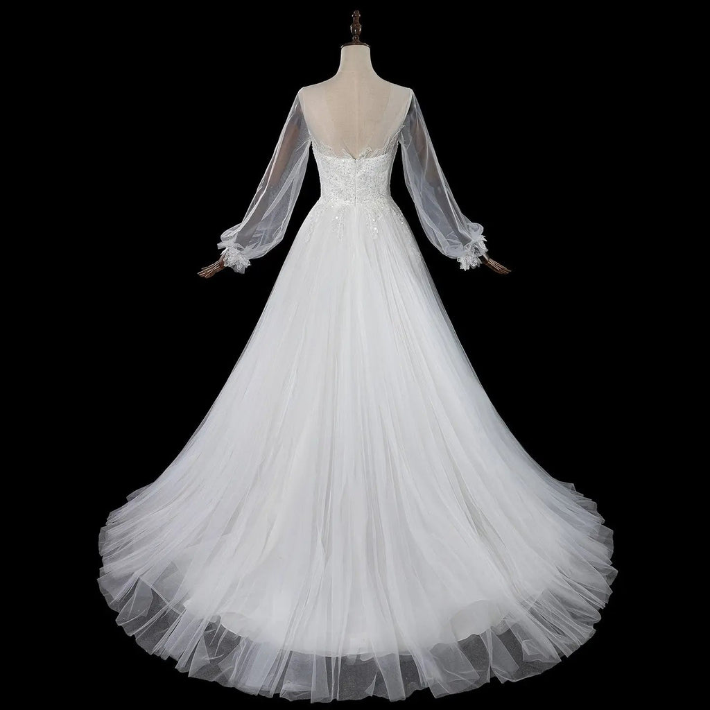 Elegant White Long Sheer Sleeve A-Line Tulle Wedding Dress with Lace Appliqués SW713