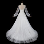 Elegant White Long Sheer Sleeve A-Line Tulle Wedding Dress with Lace Appliqués SW713