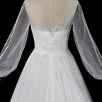 Elegant White Long Sheer Sleeve A-Line Tulle Wedding Dress with Lace Appliqués SW713