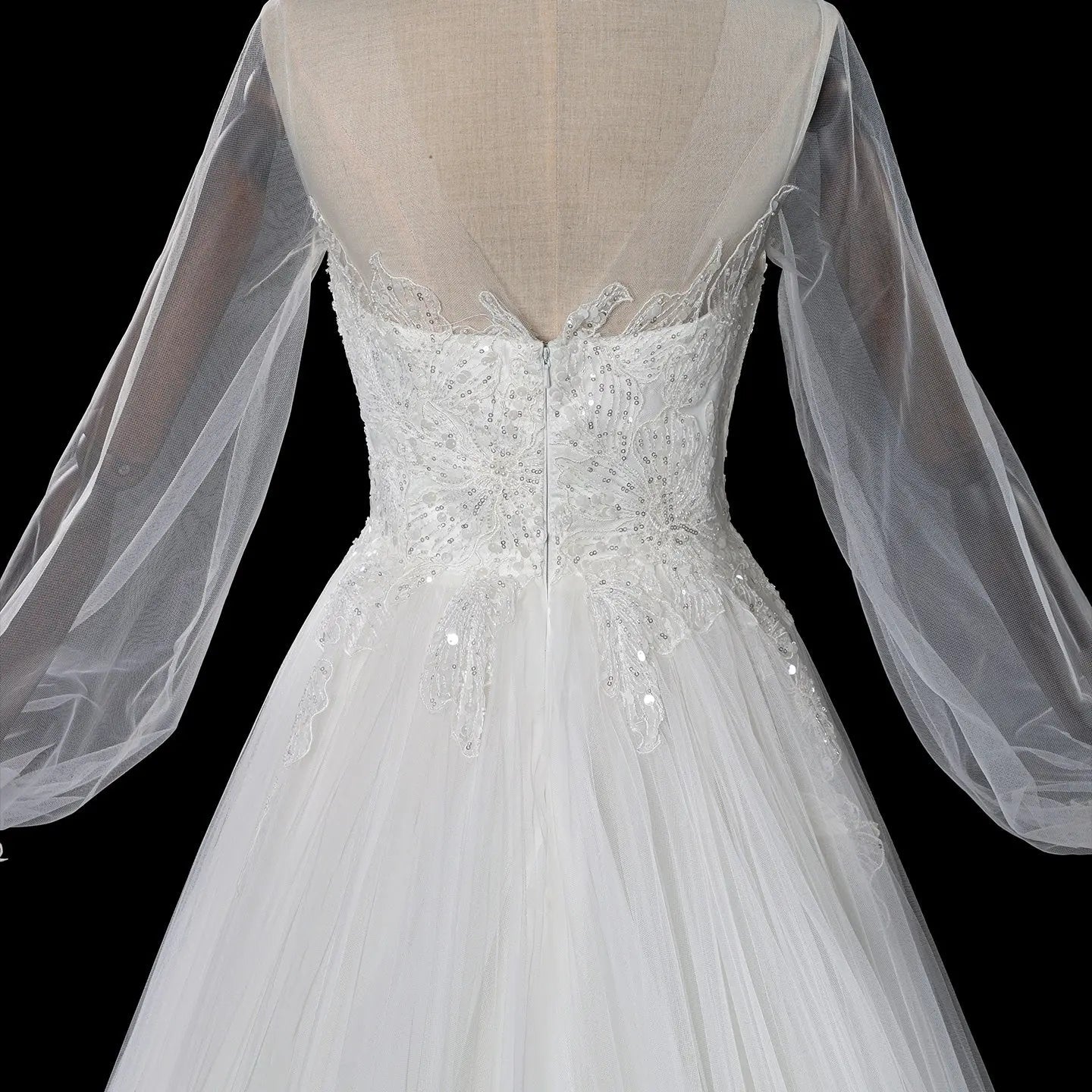 Elegant White Long Sheer Sleeve A-Line Tulle Wedding Dress with Lace Appliqués SW713