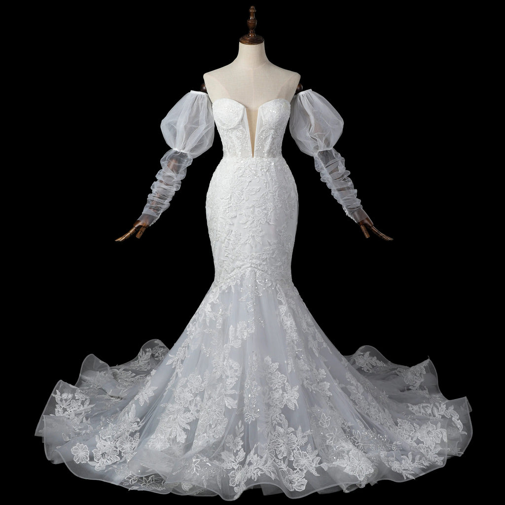 Glamorous White Sweetheart Neckline Mermaid Wedding Dress with Detachable Tulle Sleeves SW712