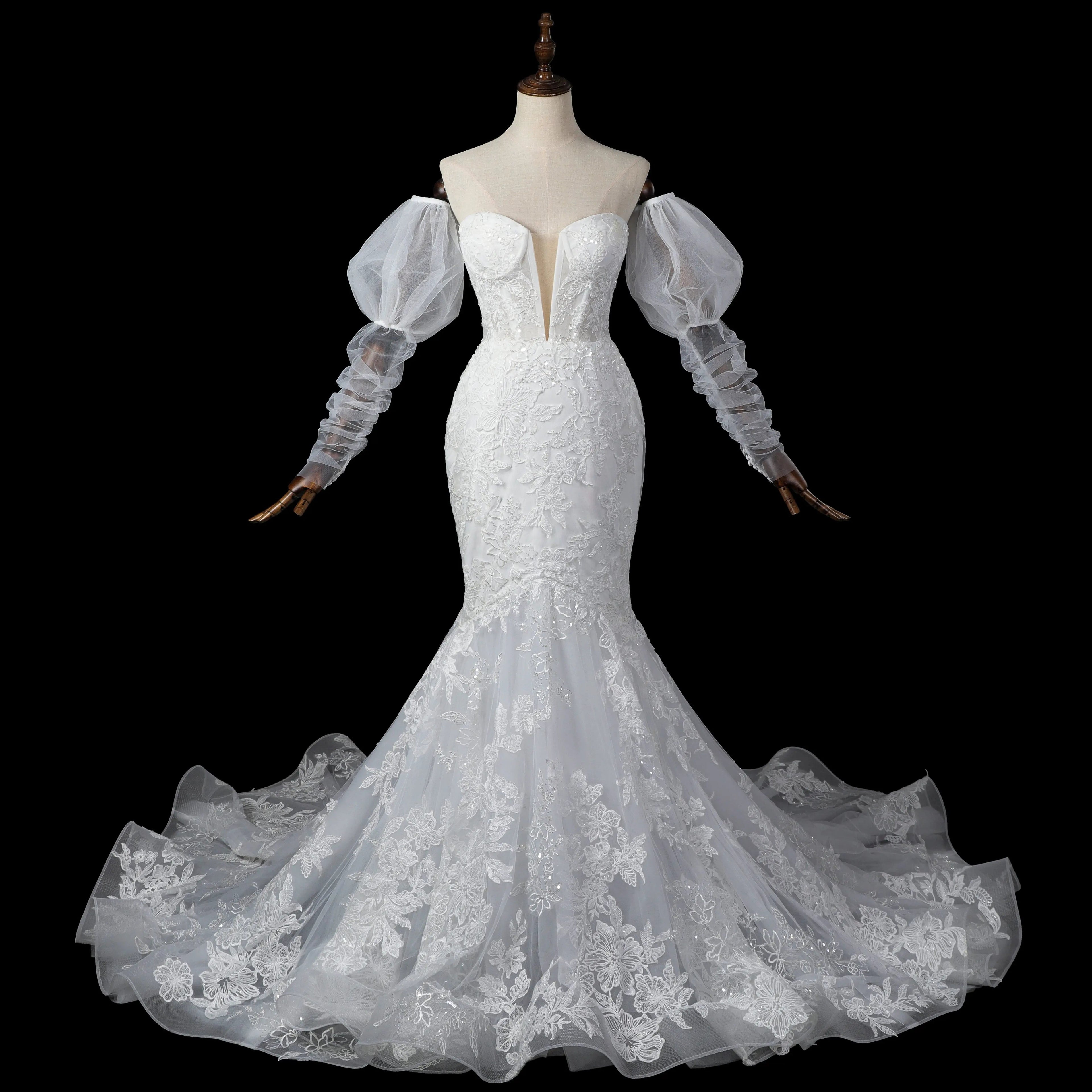 Glamorous White Sweetheart Neckline Mermaid Wedding Dress with Detachable Tulle Sleeves SW712