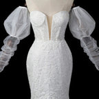 Glamorous White Sweetheart Neckline Mermaid Wedding Dress with Detachable Tulle Sleeves SW712