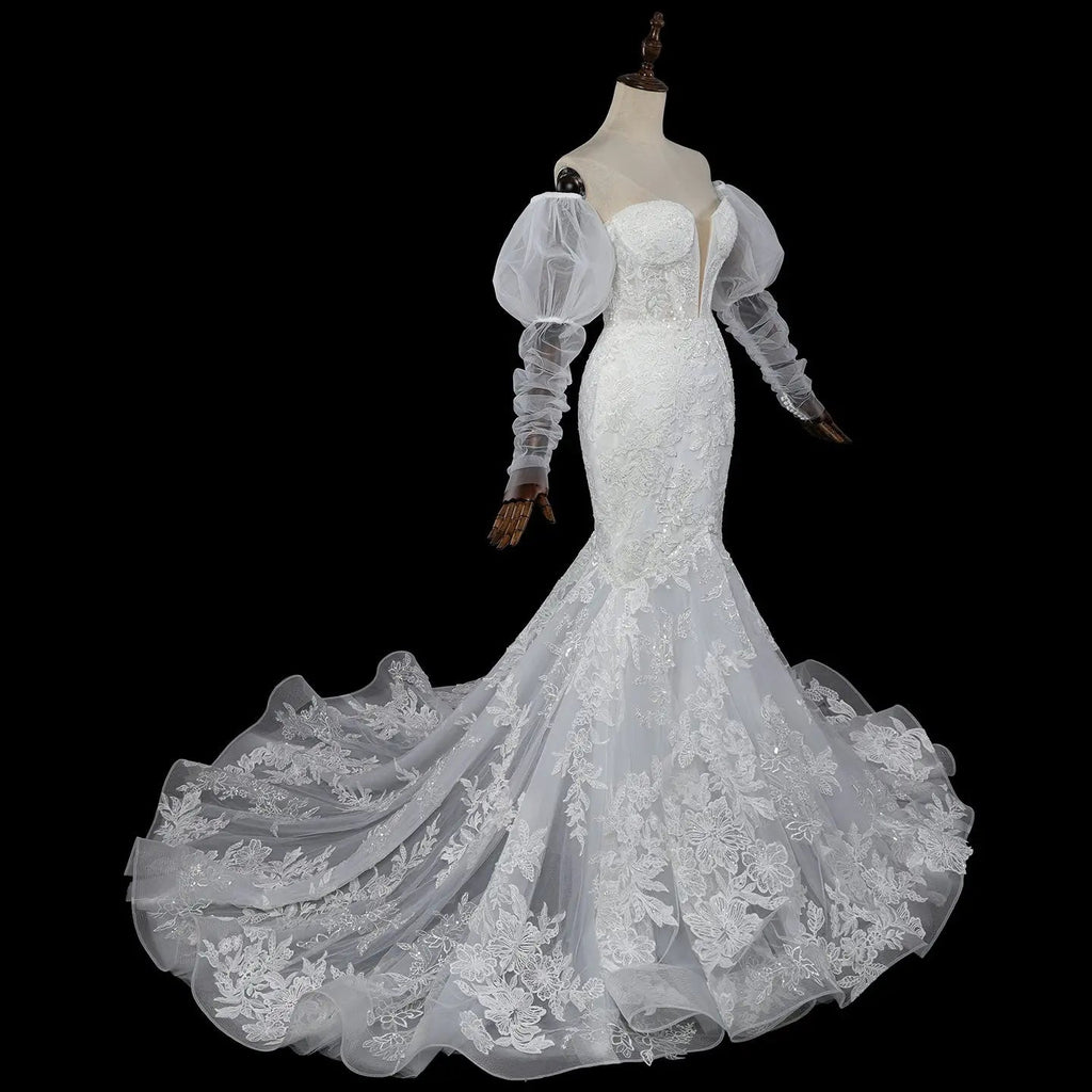 Glamorous White Sweetheart Neckline Mermaid Wedding Dress with Detachable Tulle Sleeves SW712
