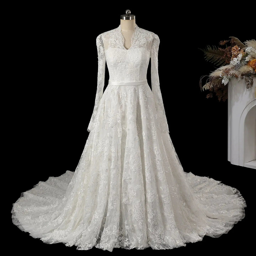 Elegant Printed Lace High Neck Wedding Dress with Train SW537