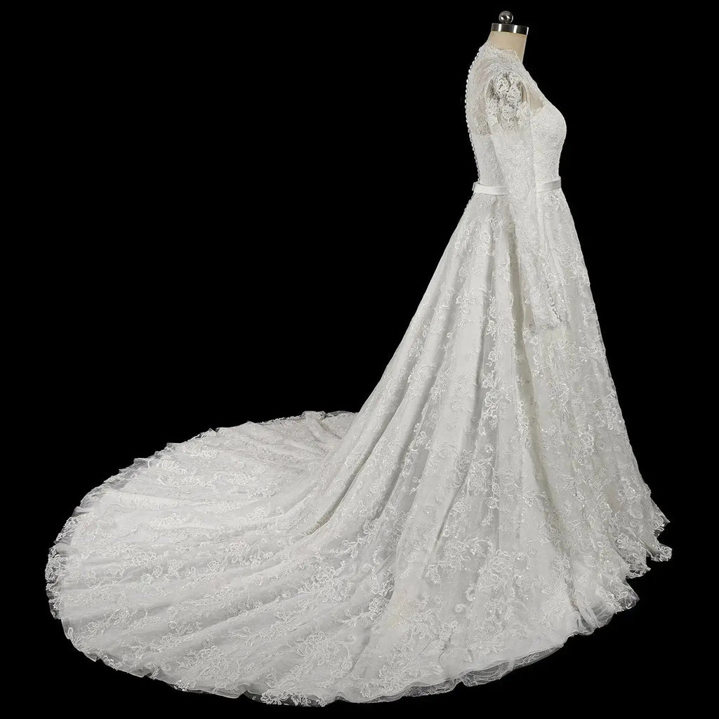Elegant Printed Lace High Neck Wedding Dress with Train SW537