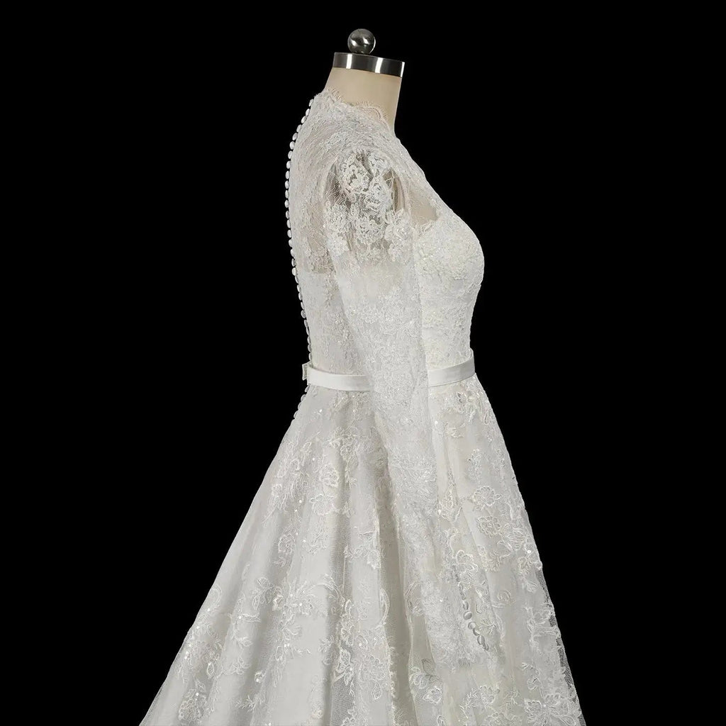 Elegant Printed Lace High Neck Wedding Dress with Train SW537