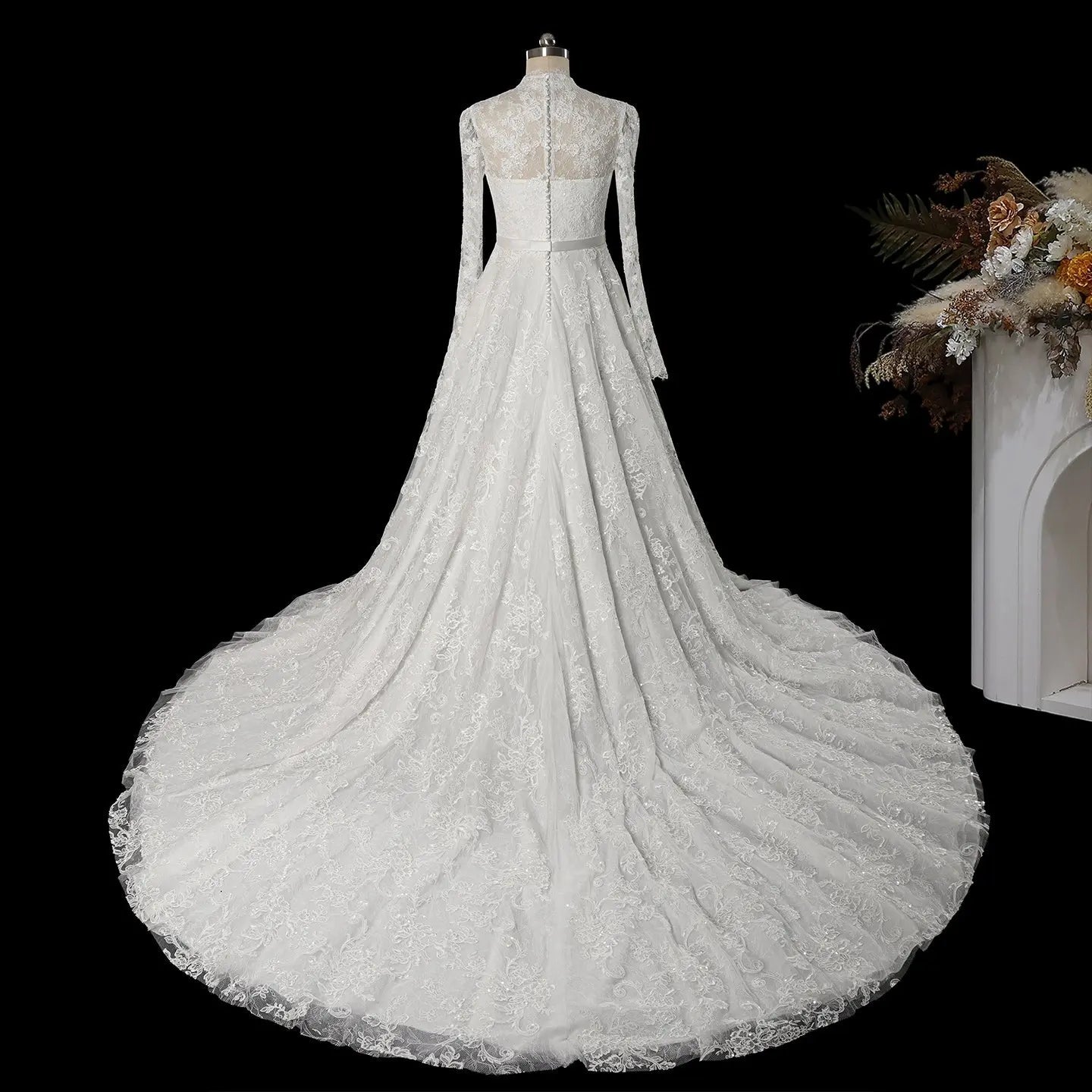 Elegant Printed Lace High Neck Wedding Dress with Train SW537