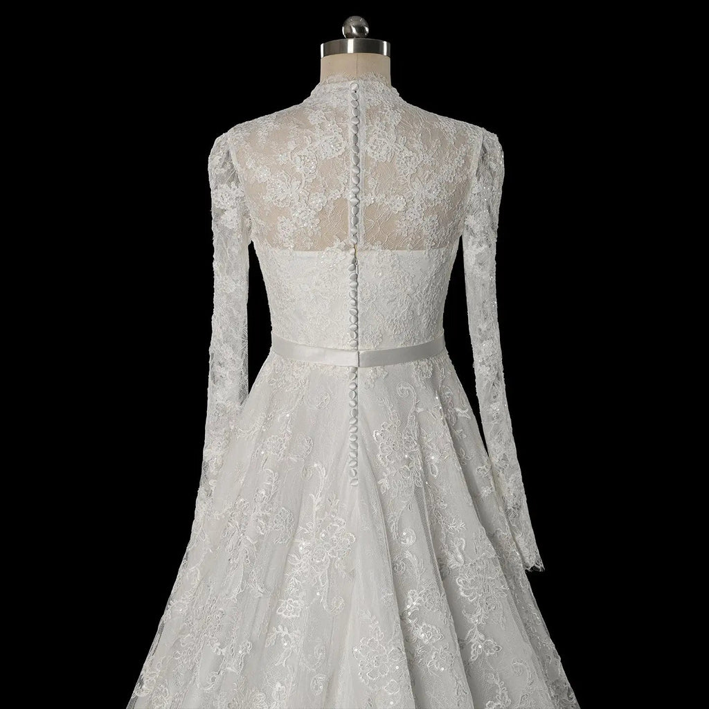 Elegant Printed Lace High Neck Wedding Dress with Train SW537