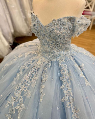 Vestido de tul azul con encaje y hombros descubiertos, vestido azul de quinceañera, vestido princesa Y2061