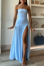 Elegant Strapless Blue Pleated Slit Evening Dress Formal Prom Dress Y7772 by simplepromdress