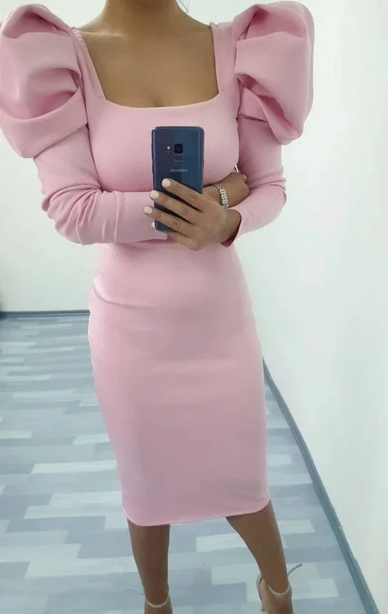 Vintage Pink Long Sleeves Prom Dress Pink Square Neckline Cocktail Dress Y6405 by simplepromdress