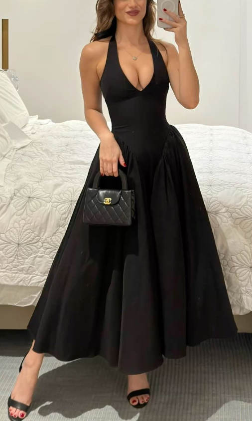 Sexy A Line V Neck Prom Dress Black Evening Dress Y7856 Hover Image