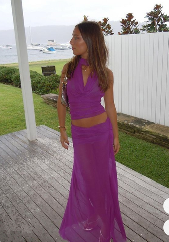 Hübsches Lila Neckholder Tüll Langes Ballkleid Abendkleid Y8242