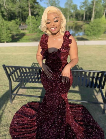 Burgundy Sequins Mermaid Long Prom Dress Burgundy Evening Dress Y6507