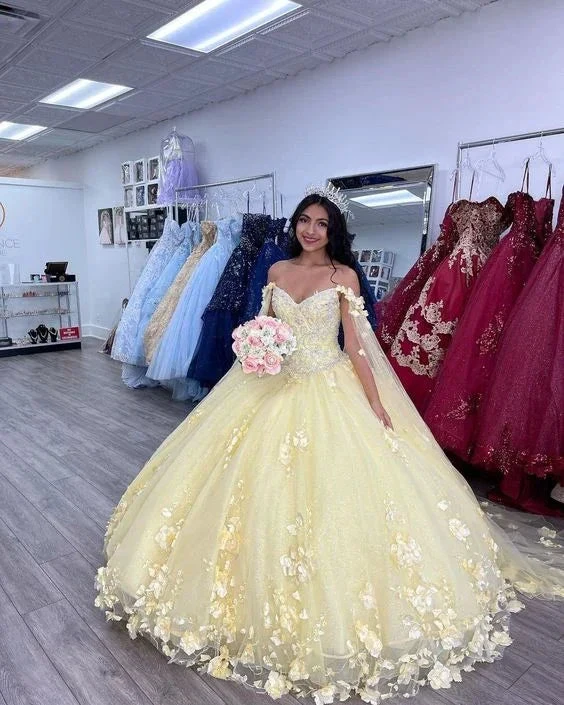 Yellow 3D Flowers Ball Gown Dress Sweet 16 Dress Y6578 by simplepromdress