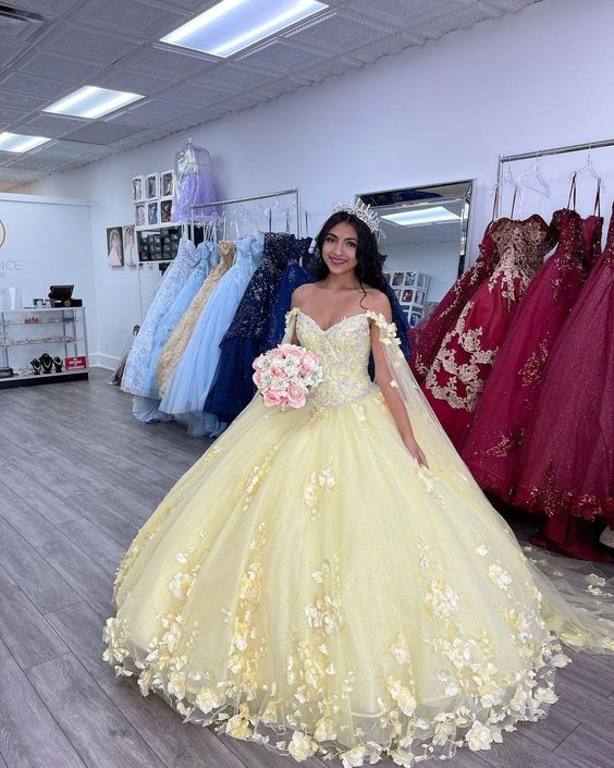 Yellow 3D Flowers Ball Gown Dress Sweet 16 Dress Y6578 Main Image