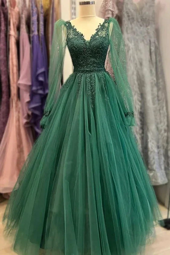 Green tulle beads V Neck long Sleeve prom dress green evening dress Y6811 by simplepromdress