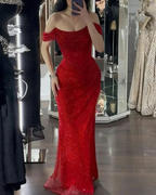 Shiny Off Shoulder Sequins Red Prom Dress Evening Dress With Side Slit Y7805 by simplepromdress