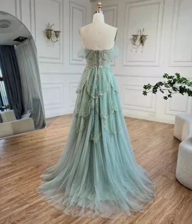 Sage Green A-Line Off The Shoulder Tulle Beaded Evening Dress Formal Prom Dress Y8157 by simplepromdress
