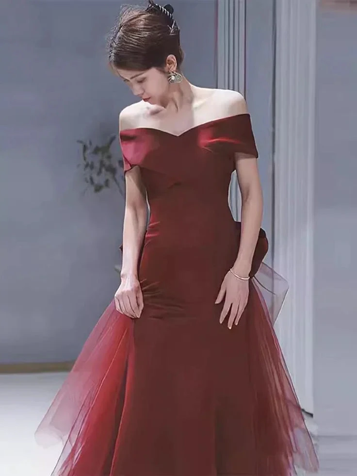 Mermaid Off Shoulder Evening Dress with Bow Burgundy Prom Dress Y7181 by simplepromdress