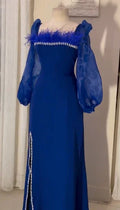 Elegant royal blue dress with sheer puff sleeves, feather trim, and pearl accents from ZAPDRESS.