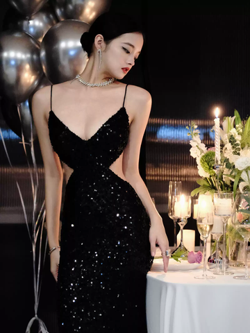 Schwarze Pailletten funkelndes Abendkleid Sexy rückenfreies Abendkleid Y1124