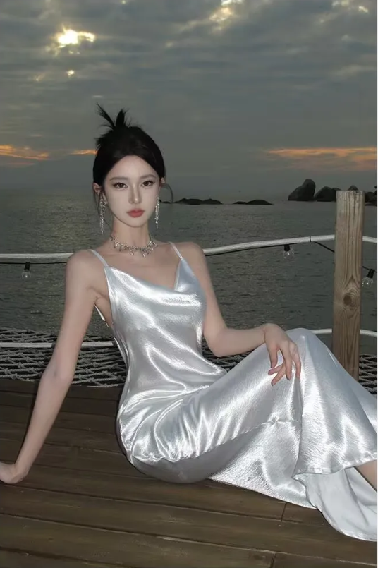 Simple White Satin Backless Long Prom Evening Dress Y7841 Main Image