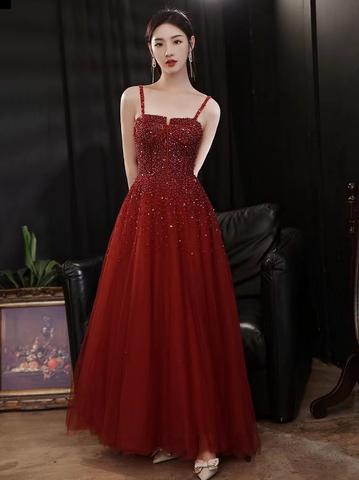 New elegant red classy sleeveless spaghetti strap party dress heavy bead evening dress Y816