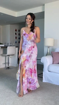 Beautiful Ruffle Graphic Floral Print Low Backless Long Prom Dress Slit Party Evening Dress Y8099 by simplepromdress