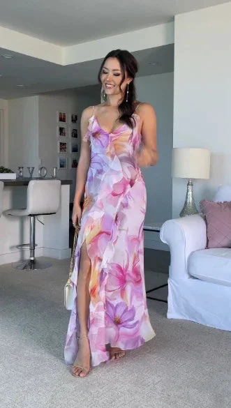 Beautiful Ruffle Graphic Floral Print Low Backless Long Prom Dress Slit Party Evening Dress Y8099 by simplepromdress