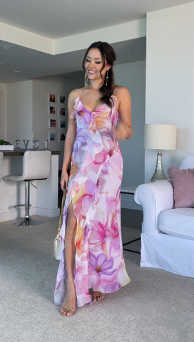 Beautiful Ruffle Graphic Floral Print Low Backless Long Prom Dress Slit Party Evening Dress Y8099