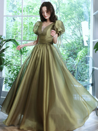 Simple Green V Neck Tulle Long Prom Dress, Green Evening Dresses Y1872